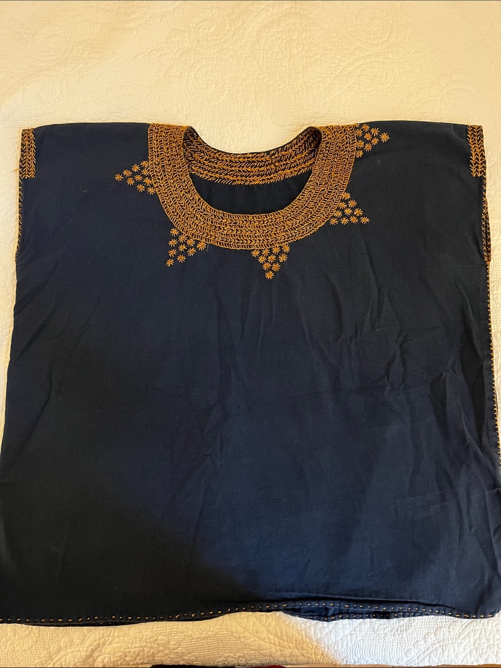 Navy Blue Tunic Top with Gold Hand Stitched Embroidered Neckline XL